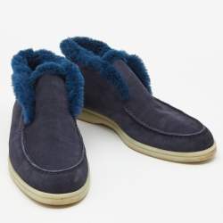 Pre Owned Loro Piana Navy Blue Suede and Fur Trim Open Walk Chukka Boots Size 38