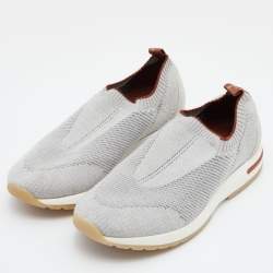 Pre Owned Loro Piana Grey Knit Fabric 360 LP Flexy Walk Slip On Sneakers Size 38