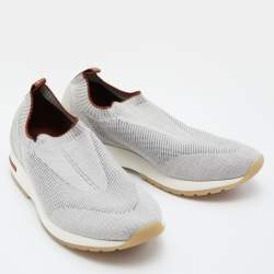 Pre Owned Loro Piana Grey Knit Fabric 360 LP Flexy Walk Slip On Sneakers Size 38