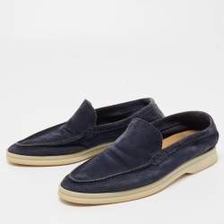 Pre Owned Loro Piana Navy Blue Suede Summer Walk Loafers Size 35