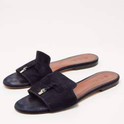 Pre Owned Loro Piana Navy Blue Suede Summer Charms Flat Slides Size 40
