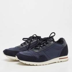 Pre Owned Loro Piana Navy Blue Suede and Neoprene Low Top Sneakers Size 38