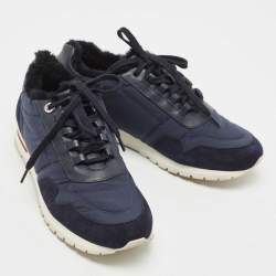Pre Owned Loro Piana Navy Blue Suede and Neoprene Low Top Sneakers Size 38