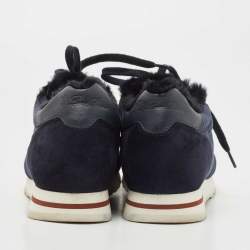 Pre Owned Loro Piana Navy Blue Suede and Neoprene Low Top Sneakers Size 38
