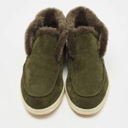 Pre Owned Loro Piana Dark Green Suede and Shearling Fur Trim Open Walk Chukka Boots Size 38