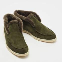 Pre Owned Loro Piana Dark Green Suede and Shearling Fur Trim Open Walk Chukka Boots Size 38