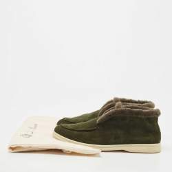 Pre Owned Loro Piana Dark Green Suede and Shearling Fur Trim Open Walk Chukka Boots Size 38
