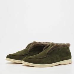 Pre Owned Loro Piana Dark Green Suede and Shearling Fur Trim Open Walk Chukka Boots Size 38