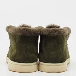 Pre Owned Loro Piana Dark Green Suede and Shearling Fur Trim Open Walk Chukka Boots Size 38