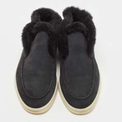 Pre Owned Loro Piana Navy Blue Suede and Fur Open Walk Chukka Boots Size 38