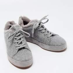Pre Owned Loro Piana Grey Fabric and Fur Nuages Low Top Sneakers Size 38.5