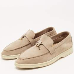 Pre Owned Loro Piana Beige Suede Summer Charms Walk Slip On Loafers Size 37.5
