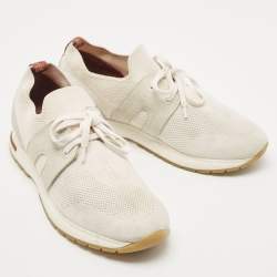 Pre Owned Loro Piana Off White/Grey Knit Fabric and Suede 360 Flexy Walker Sneakers Size 38
