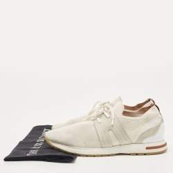 Pre Owned Loro Piana Off White/Grey Knit Fabric and Suede 360 Flexy Walker Sneakers Size 38