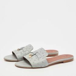 Pre Owned Loro Piana Grey Embossed Ostrich Leather Summer Charms Flat Slides Size 39