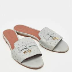 Pre Owned Loro Piana Grey Embossed Ostrich Leather Summer Charms Flat Slides Size 39