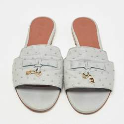 Pre Owned Loro Piana Grey Embossed Ostrich Leather Summer Charms Flat Slides Size 39