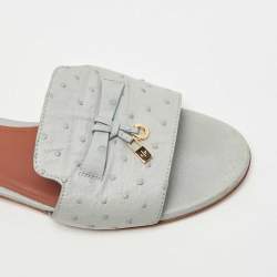 Pre Owned Loro Piana Grey Embossed Ostrich Leather Summer Charms Flat Slides Size 39