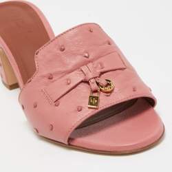 Pre Owned Loro Piana Pink Ostrich Embossed Leather Summer Charms Slide Sandals Size 37.5