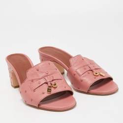 Pre Owned Loro Piana Pink Ostrich Embossed Leather Summer Charms Slide Sandals Size 37.5