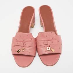 Pre Owned Loro Piana Pink Ostrich Embossed Leather Summer Charms Slide Sandals Size 37.5