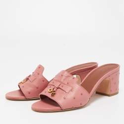 Pre Owned Loro Piana Pink Ostrich Embossed Leather Summer Charms Slide Sandals Size 37.5