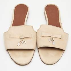 Pre Owned Loro Piana Beige Suede Summer Charms Flat Slides Size 39