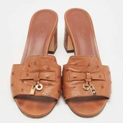 Pre Owned Loro Piana Brown Ostrich Summer Charms Slide Sandals Size 37.5