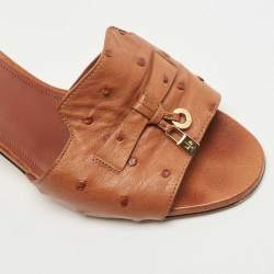 Pre Owned Loro Piana Brown Ostrich Summer Charms Slide Sandals Size 37.5