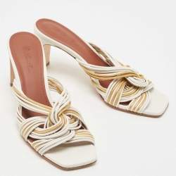 Pre Owned Loro Piana White/Gold Leather Strappy Slide Sandals Size 38