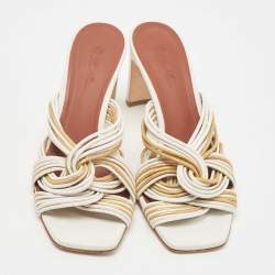 Pre Owned Loro Piana White/Gold Leather Strappy Slide Sandals Size 38