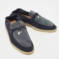 Pre Owned Loro Piana Blue/Grey Suede Summer Charms Walk Slip On Loafers Size 39