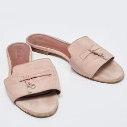 Loro Piana Light Pink Suede Summer Charms Flat Slides Size 40