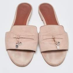 Loro Piana Light Pink Suede Summer Charms Flat Slides Size 40