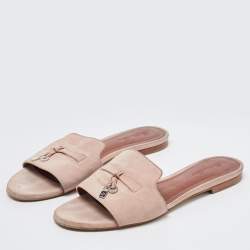 Loro Piana Light Pink Suede Summer Charms Flat Slides Size 40