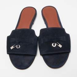 Pre Owned Loro Piana Navy Blue Suede Summer Charms Walk Slides Size 36