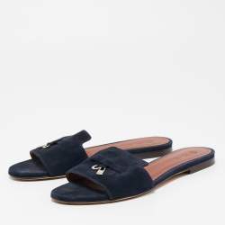 Pre Owned Loro Piana Navy Blue Suede Summer Charms Walk Slides Size 36