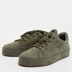 Loro Piana Olive Green Knit Fabric and Leather Low Top Sneakers