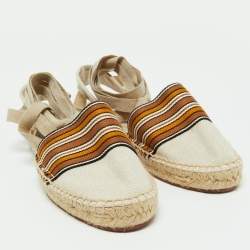 Loro Piana Cream/Brown Canvas Ankle Wrap Espadrille Flats Size 37