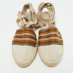 Loro Piana Cream/Brown Canvas Ankle Wrap Espadrille Flats Size 37