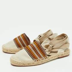 Loro Piana Cream/Brown Canvas Ankle Wrap Espadrille Flats Size 37