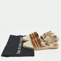Loro Piana Cream/Brown Canvas Ankle Wrap Espadrille Flats Size 37