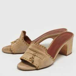 Pre Owned Loro Piana Beige Suede Charms Block Heel Slide Sandals Size 38.5