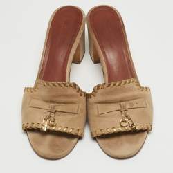 Pre Owned Loro Piana Beige Suede Charms Block Heel Slide Sandals Size 38.5