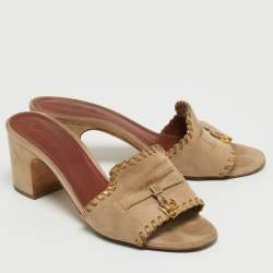 Pre Owned Loro Piana Beige Suede Charms Block Heel Slide Sandals Size 38.5