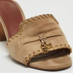 Pre Owned Loro Piana Beige Suede Charms Block Heel Slide Sandals Size 38.5