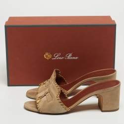 Pre Owned Loro Piana Beige Suede Charms Block Heel Slide Sandals Size 38.5