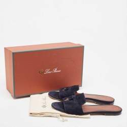 Pre Owned Loro Piana Blue Suede Flat Slides Size 40