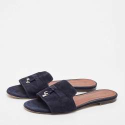 Pre Owned Loro Piana Blue Suede Flat Slides Size 40