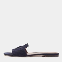 Pre Owned Loro Piana Blue Suede Flat Slides Size 40